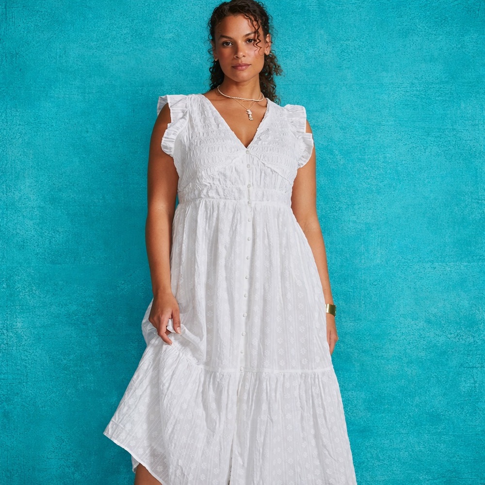 FREE PEOPLE WHITE GAUZY COTTON SMOCKED TIERED BUTTON MIDI DRESS SIZE MEDIUM